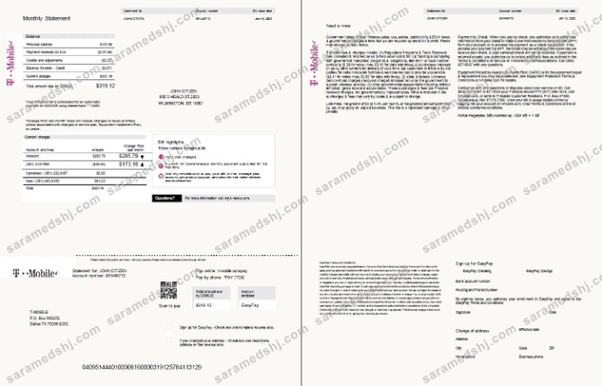 USA T-mobile utility bill template in Word and PDF formats, 2 pages, version 2